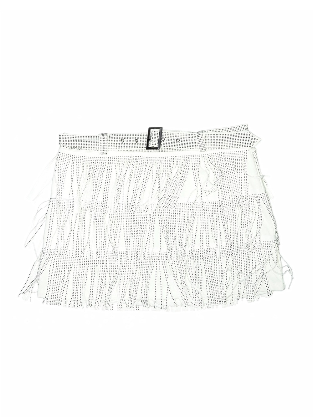 White Fringe Mini Skirt with Belt Detail